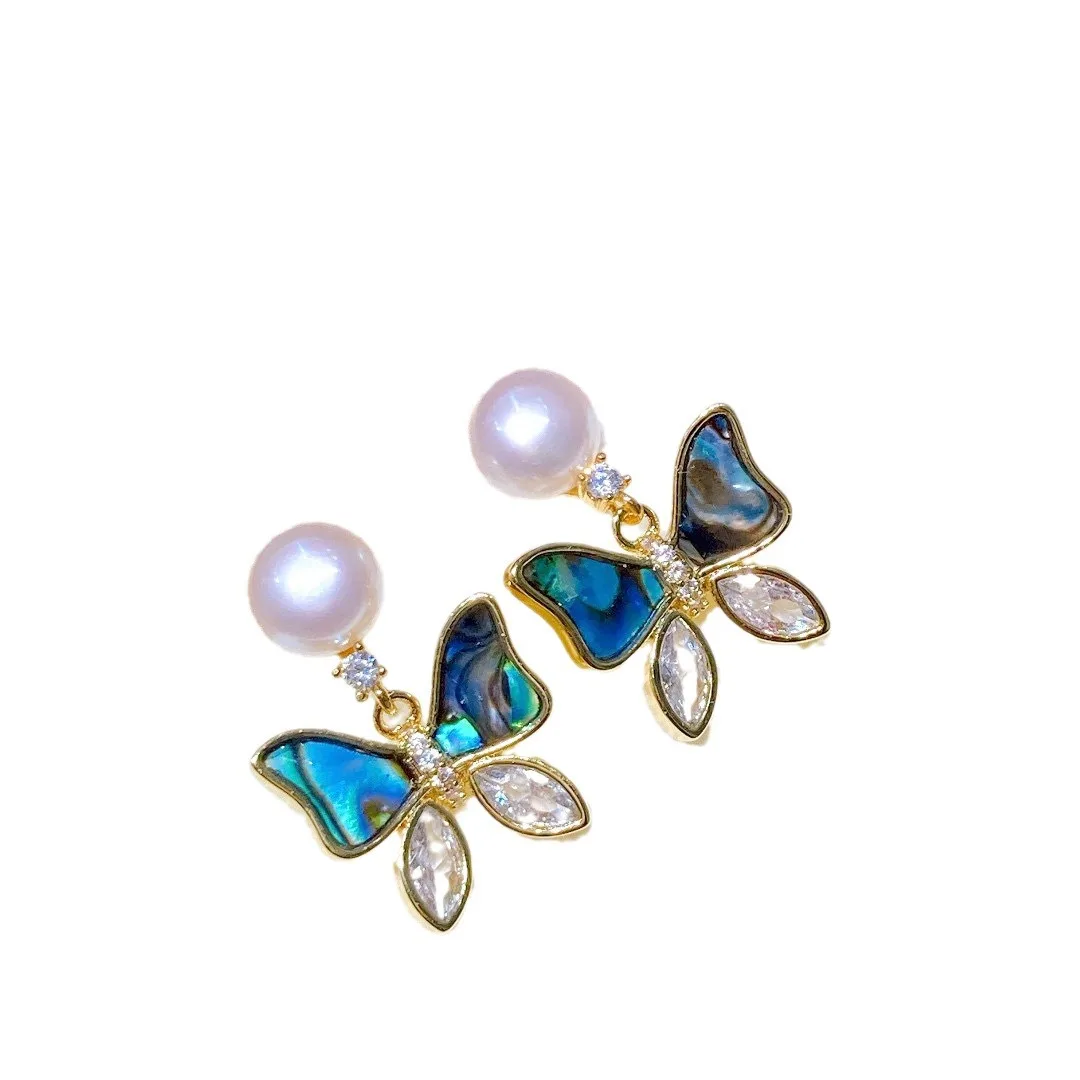 S925 Silver Needle Earrings for Women Luxury Premium Short Abalone Zircon Natural Freshwater Pearl Diamond Light Luxury Premium