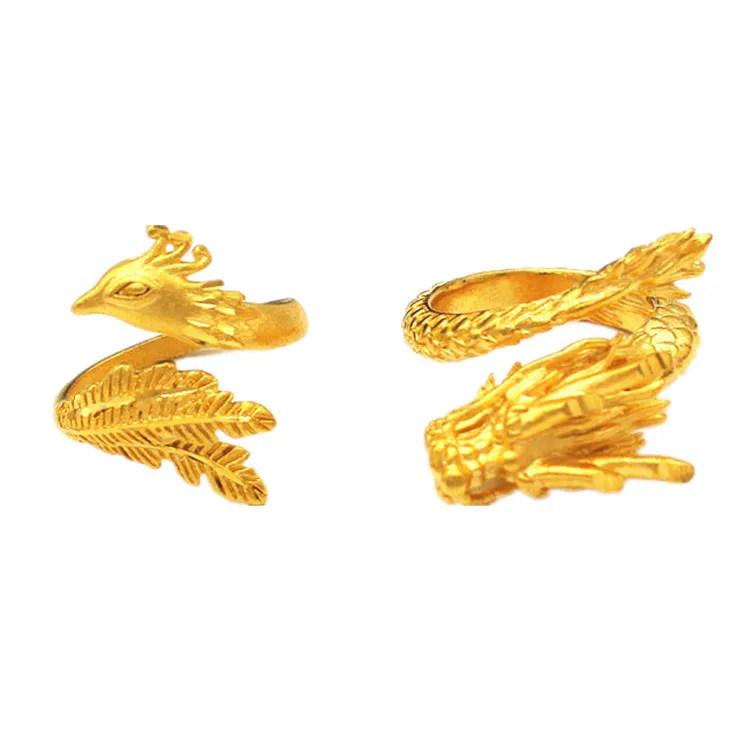 

Vietnam Sand Gold Jewelry New Brass Gold Plated Wedding Dragon And Phoenix Open Ring Wholesale Domineering Couple Ring Jewelry