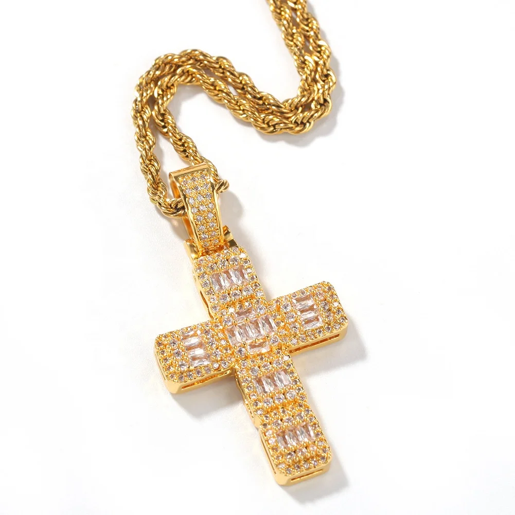 

Cross Pendant Necklace For Men Gifts With Chain Bling Baguette Cubic Zirconia Hip Hop Jewelry