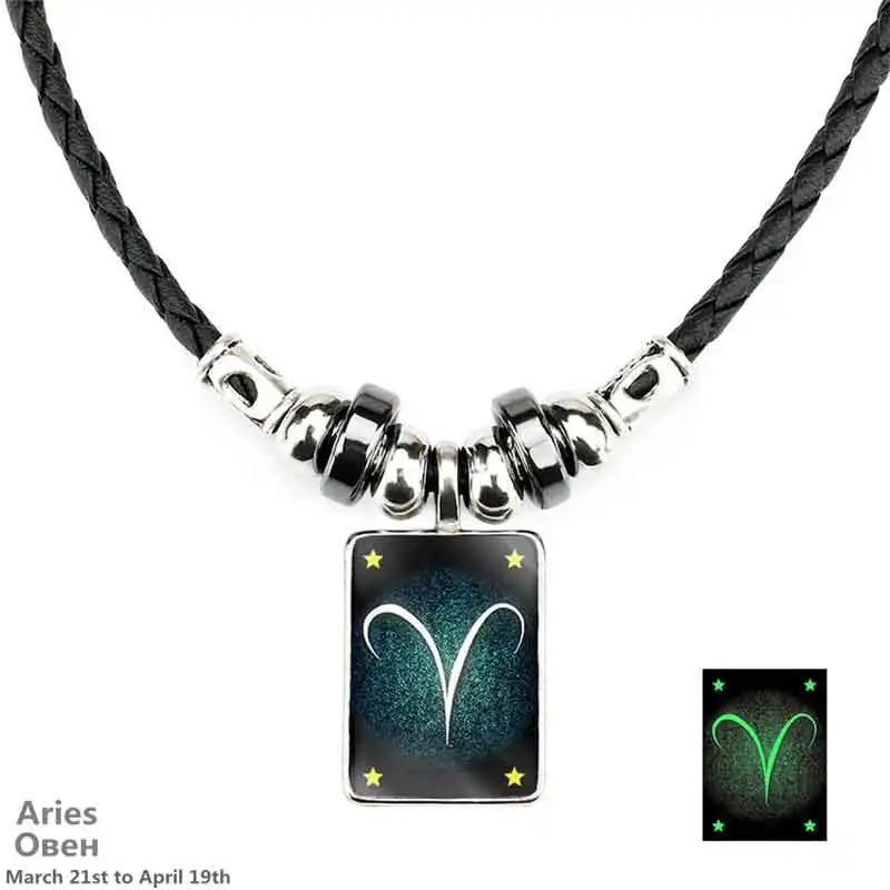 

Fashion New 12 Zodiac Luminous Black Leather Necklace for Women and Men, Black color