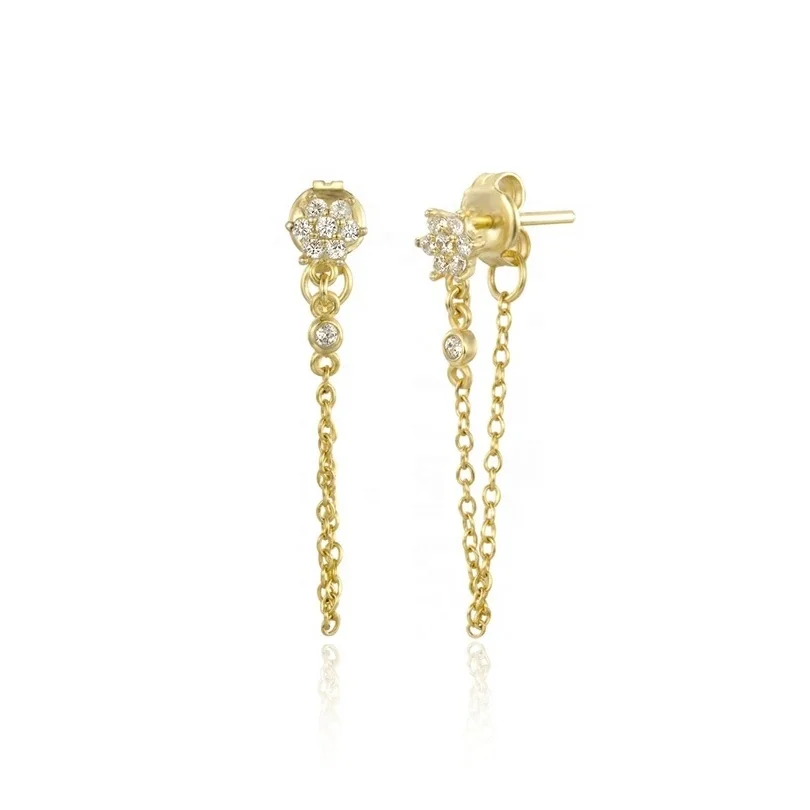 

925 Sterling Silver New Wholesale Jewelry Gold CZ Flower Chain Earring Design