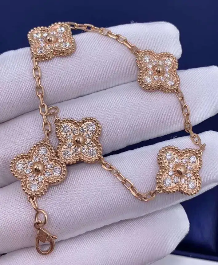 

High Quality Women Clover Crystal Fiver Flower 3 Colors Gold Copper Bracelet