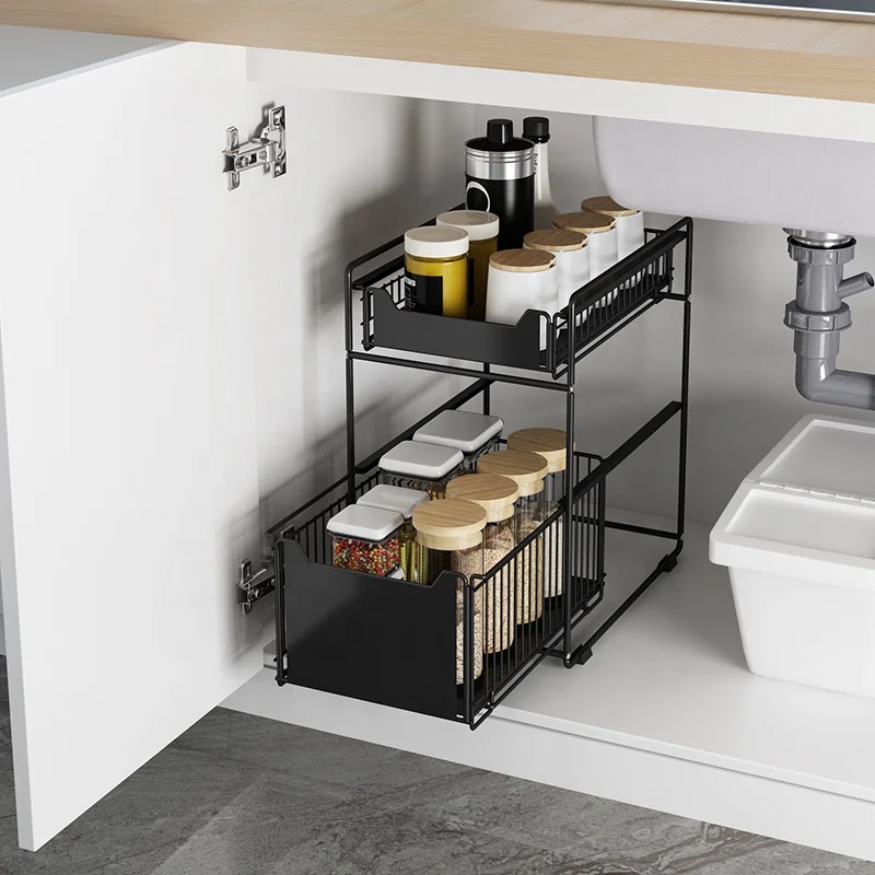 

Home organizer storage basket Drawer stretch cabinet expandable under the sink rack, Black white