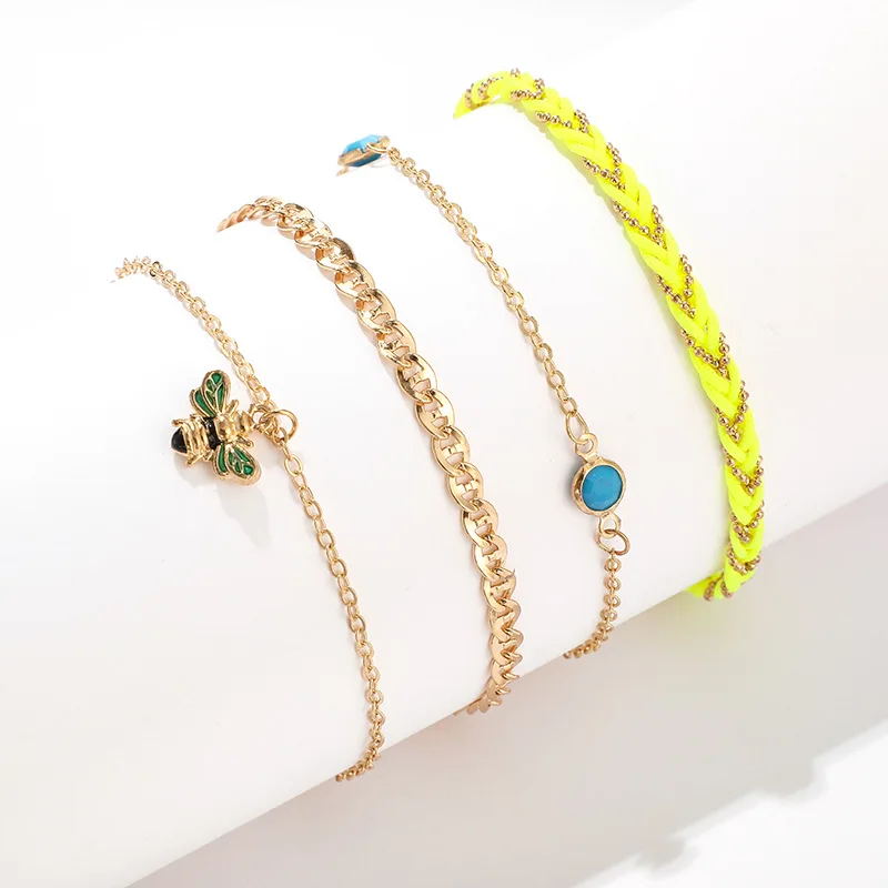 

Bohemia Summer New Fashion Jewelry Gold Color Anklets Bee Pendant Geometric Shape Chain For Women Men Anklets, As photo