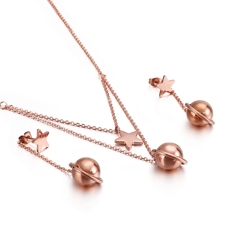 

Luxury stainless steel necklace girl five pointed star steel ball earring set customized rose gold necklace