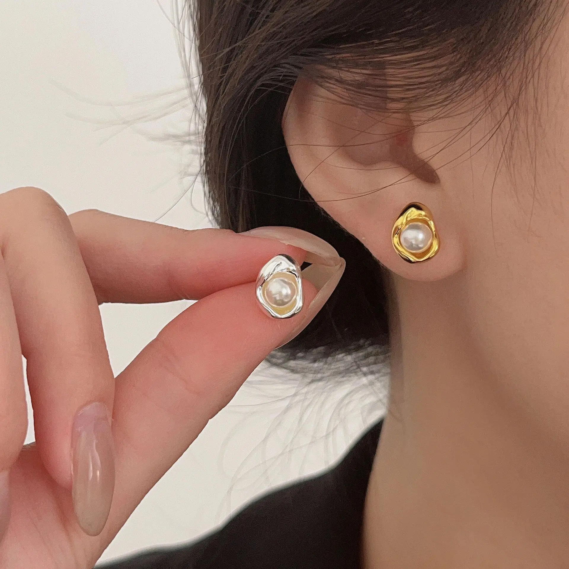 Fine Jewelry 925 Sterling Silver Stud Earrings 18K Gold Plated 925 Silver Irregular Freshwater Pearls Earring Piercing Jewelry