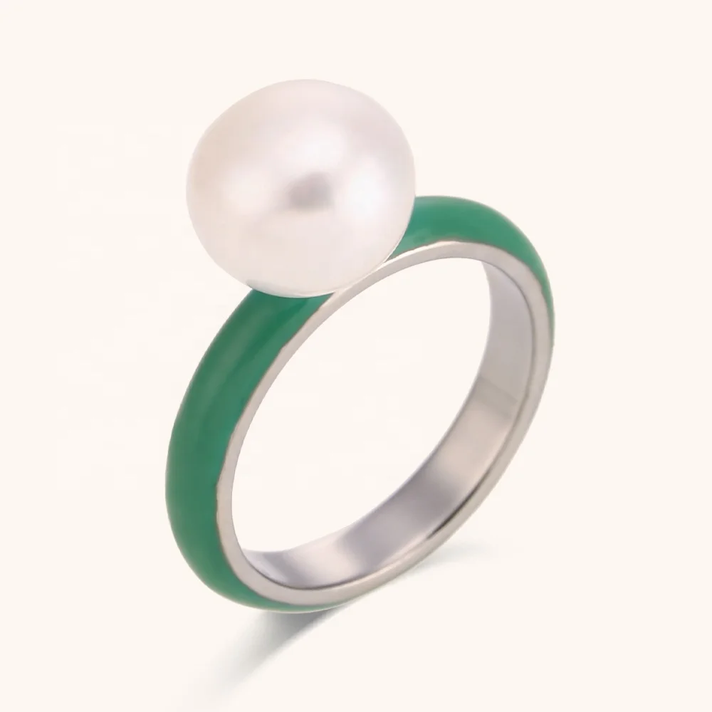 Ding Ran Colorful Enamel Imitation Pearl Rings Stainless Steel Women Summer Waterproof Jewelry