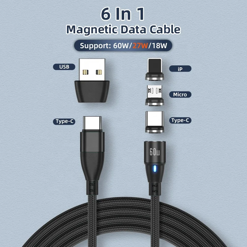 

12W 18W 22W 25W 27W 45W Phones 6in1 Magnetic USB Charging Cable Type C Cable 60W Magnetic Data Cable for Computer Tablet Phones