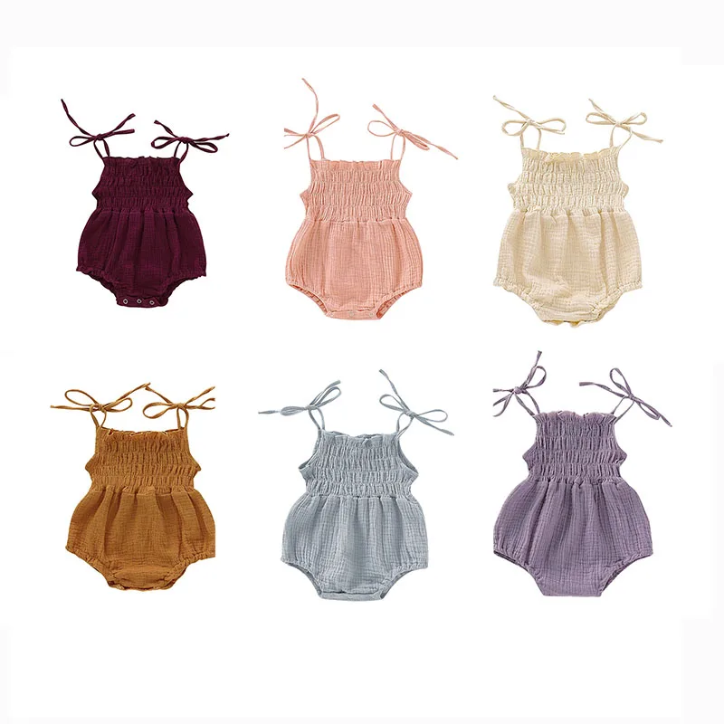 

Wholesale plain soft gauze infant boutique clothing elastic baby girls rompers, As picture show