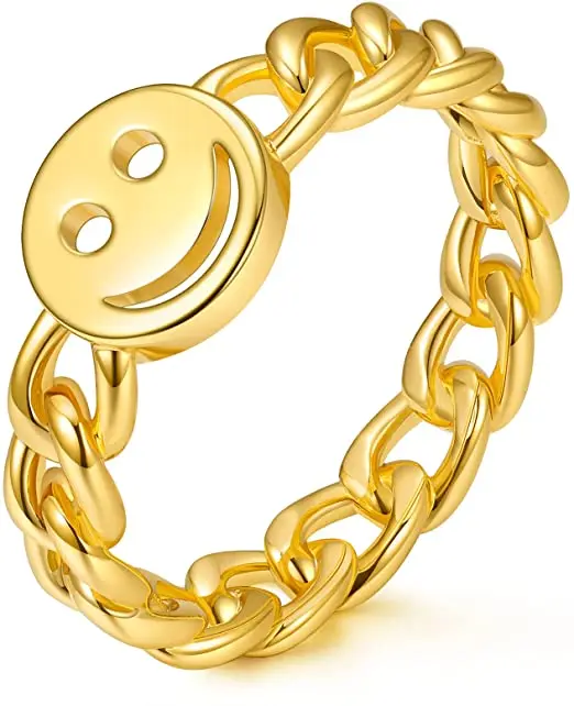 

Fashion Sterling Silver18K Gold Plated Link Chain Happy Face Ring Stackable Smile Face Rings for Women, As picture shows