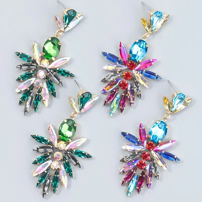 

Fashion Statement Jewelry Colorful Geometric CZ Floral Earrings Rhinestone Crystal Flower Drop Earrings For Women