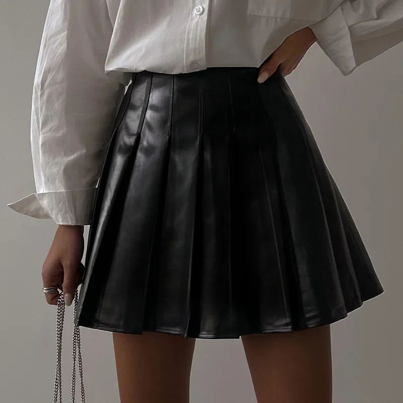 

High quality cute all-match women stylish classic solid color pu leather pleated skirts