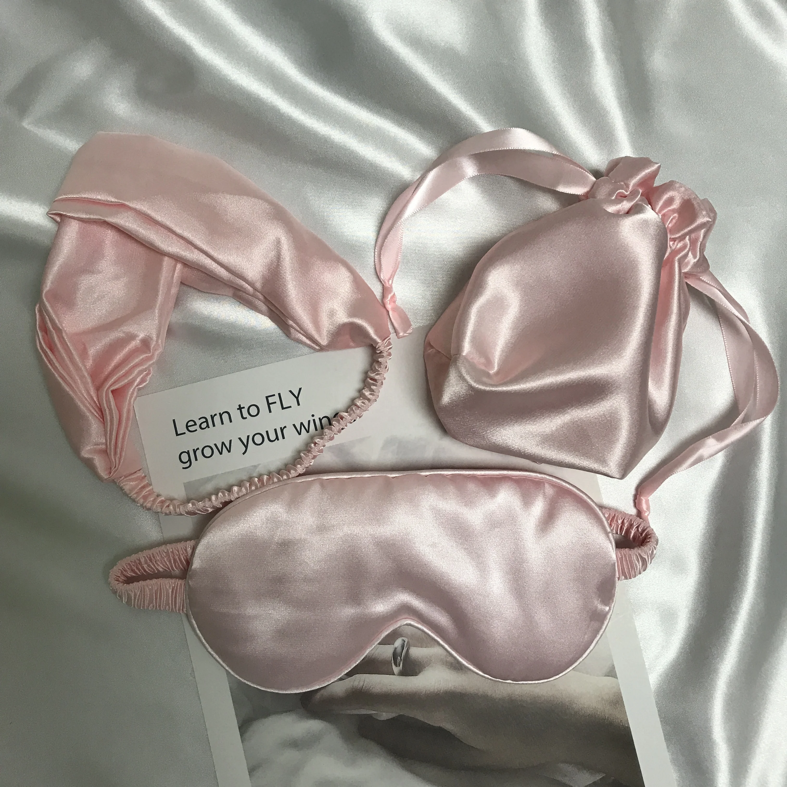 

Light Pink 3 Units Travel Silk Satin Sleep Eye Mask Set With Hairband And Gift Bag, 128 stock colors or pantone color