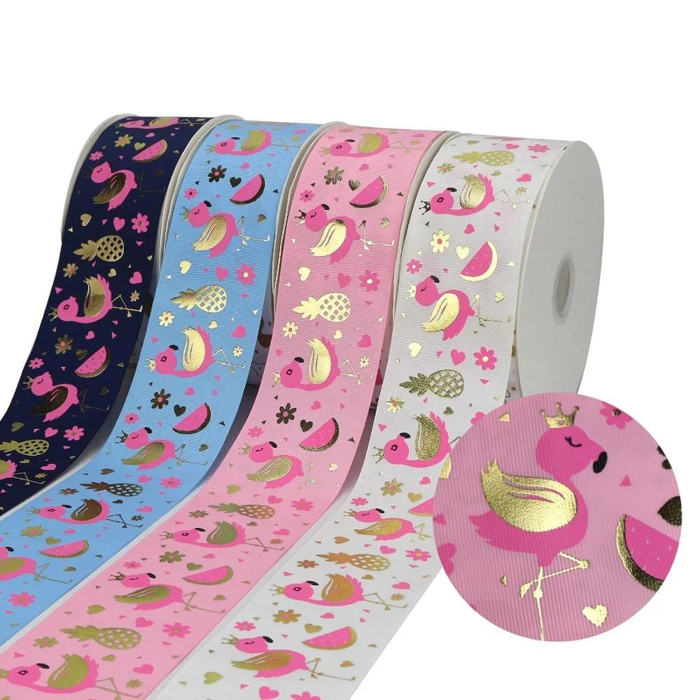 

Liston De Lentejuela Mix Printed 50 Yards Ink Gold Foil Flamingo On Grosgrain Ribbon, Request