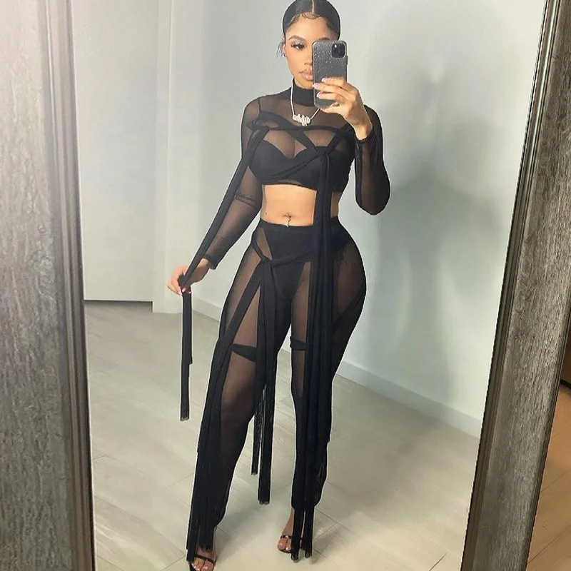 

2021 Hot Selling Women Sheer Mesh Sexy Two Piece Set Turtleneck Crop Top Pants Solid Street Style Matching Outfits