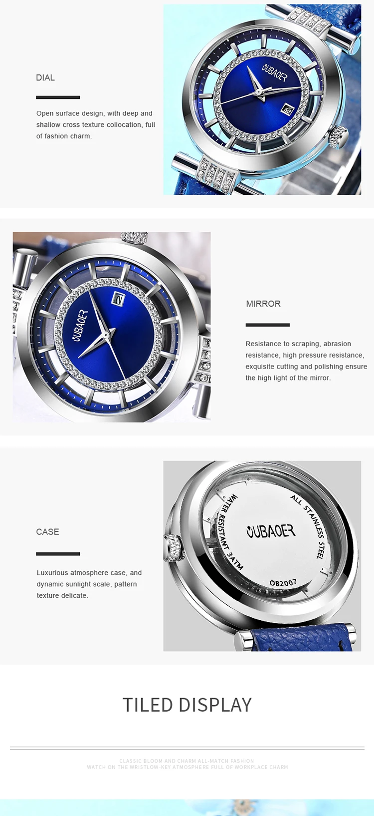 OUBAOER 2007 Luxe Blauw Dames Quartz Horloge Beste Leren Band Waterdicht Analoog Display Eenvoudig Armband Polshorloge