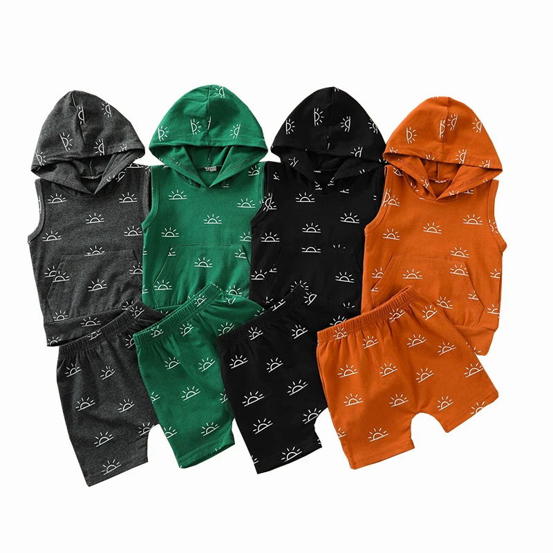 

Wholesale sleeveless summer sun print hooded boy clothing sets fashion kids boutique clothes, As picture show