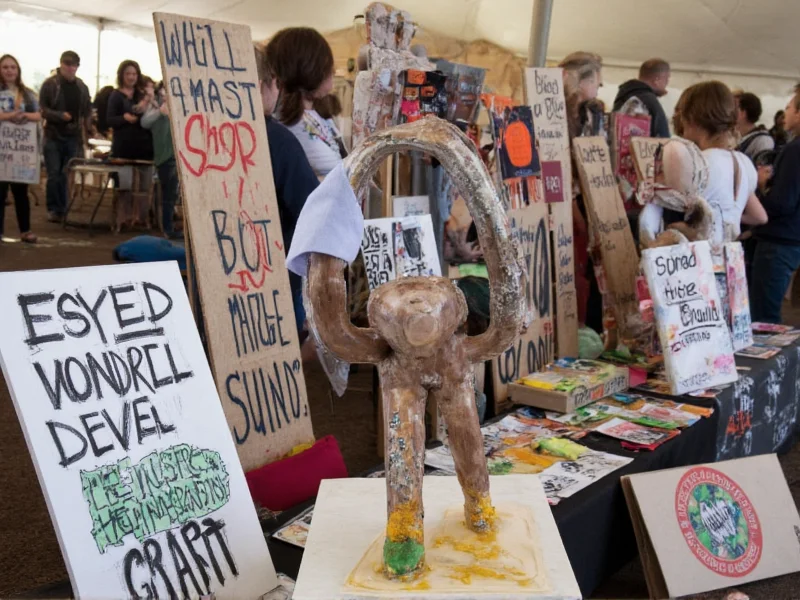Handmade protest signs and recycled material sculptures at grassroots craft event