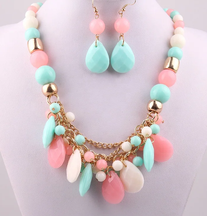 

Fashion Jewelry Summer resin Necklace Set Wholesale Gold Chain Multilayers Water Drop Acrylic Necklace earring Jewelry sets, 6 color