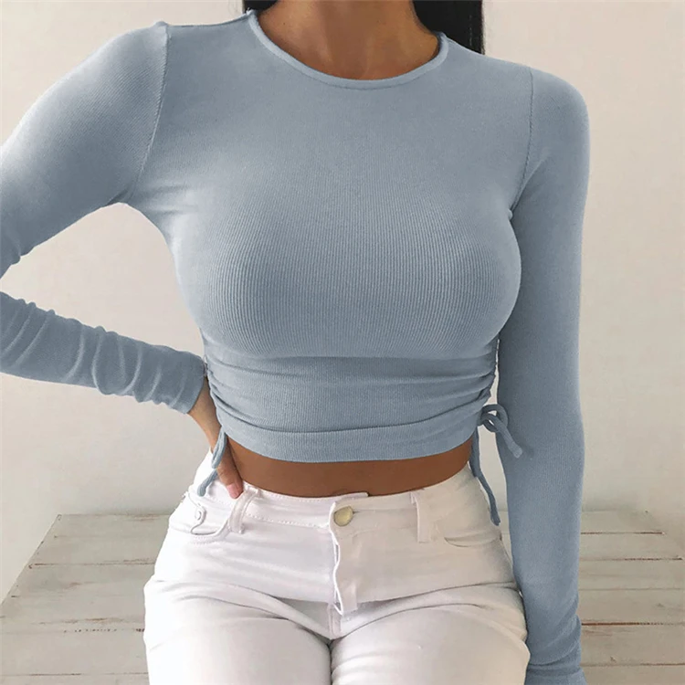 

DUODUOCOLOR Sexy summer crop top solid color casual long sleeve o-neck drawstring irregular tops women D97849