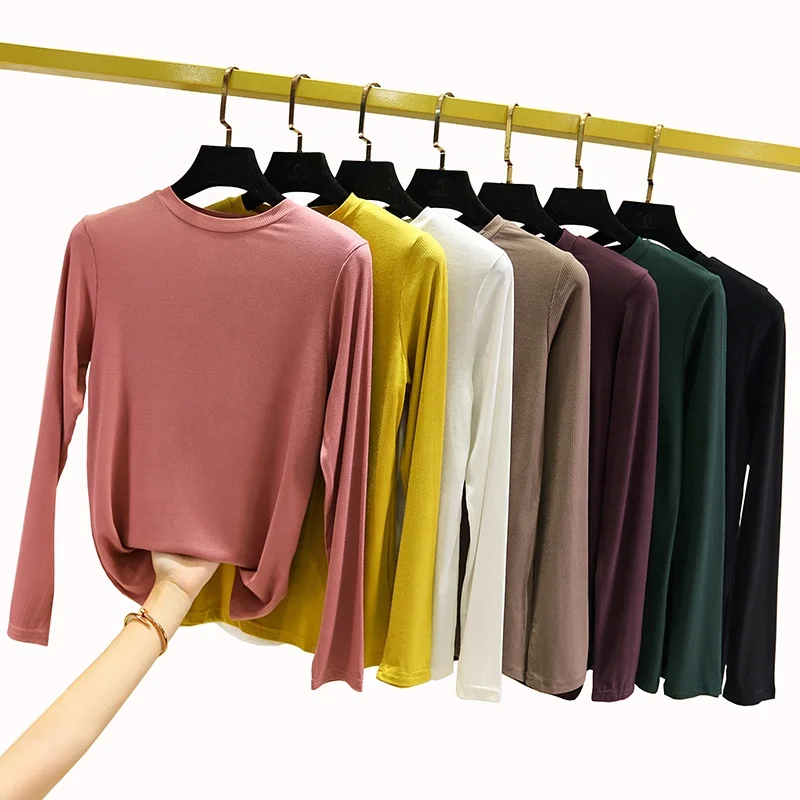 

2020 Fashion New Soft Tee Shirts Women Plus Size Loose Tshirt Femme Solid Color O-neck Women Long Sleeve Tshirt, 7 solid colors as shown