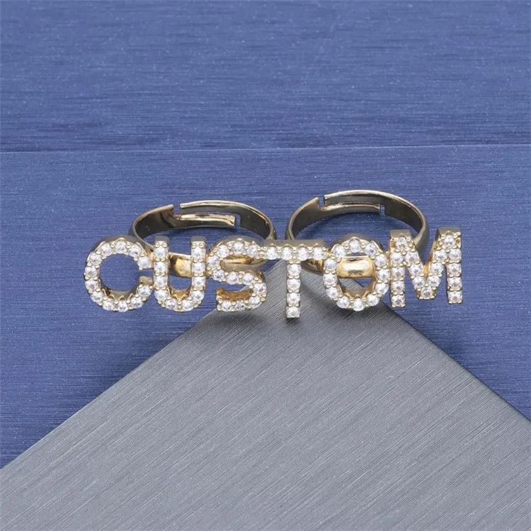 

Hot sale ins wind double shank adjustable name ring 9mm full diamond zircon letter customized ring, Picture shows