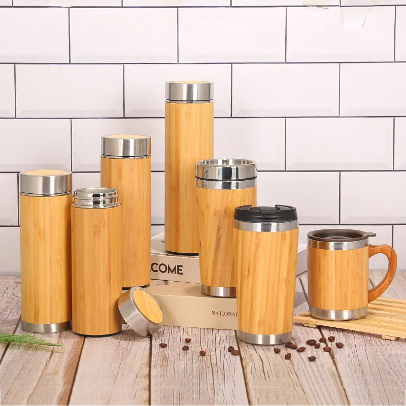 

Metal water bottle thermos cup with double insulation bamboo shell cup office portable coffee cup