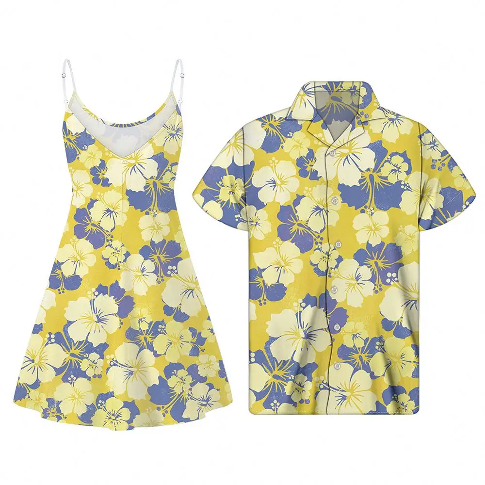 

Women Clothing Dress Polynesian Yellow Pattern with Purple Hibiscus Couples Matching Clothes Slip V Neck Plus Size Women Dresses, Customized color