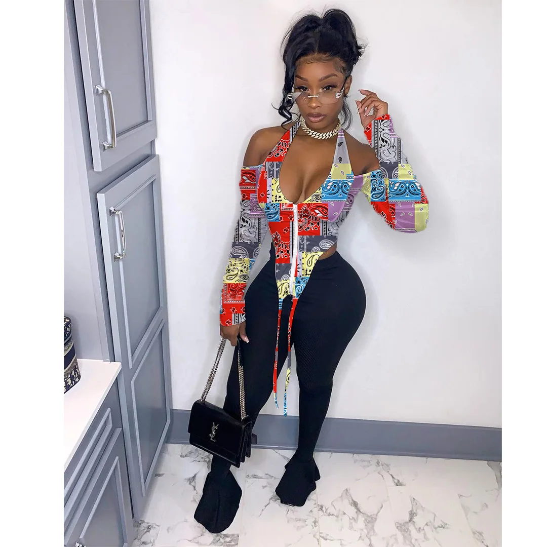 

Women's Trendy Long Sleeve Chic Printed Halter Top Blouse Sexy Backless T Shirt Top Ladies Fashion Spring Clothes, Red