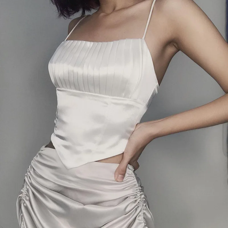 

Summer Women Camisole Sexy Square Neck Backless Zipper Pleated Solid Color Slim Shirt Crop Tops, White, yellow, black