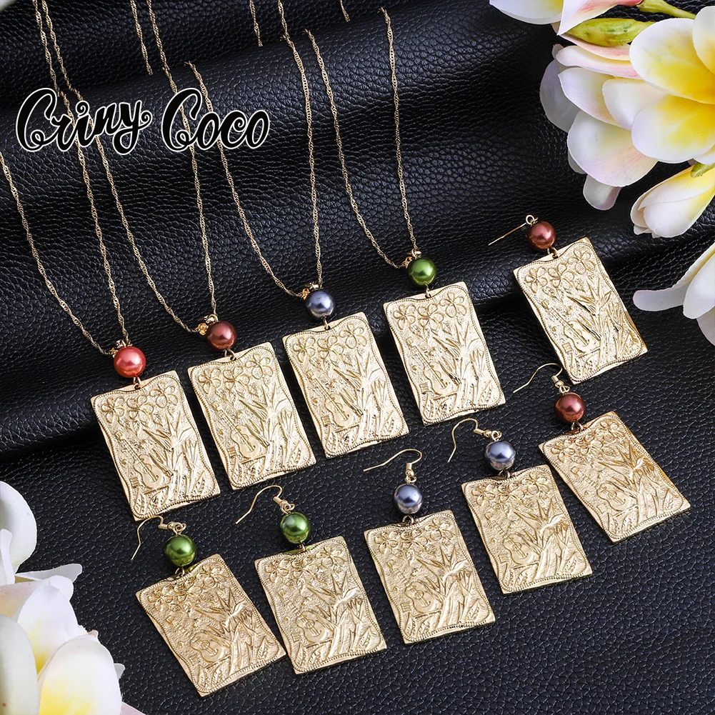 

Cring CoCo Fashion Jewelry 2021 Rectangle Hawaiian Jewelry Earrings Polinesian Jewelry Necklace Set Wholesale