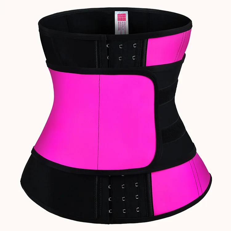 

New Printing Logo Private Label Slimming Workout Compression Latex Corset Steel Bone Woman Double Belt Waist Trainer, Fuchsia