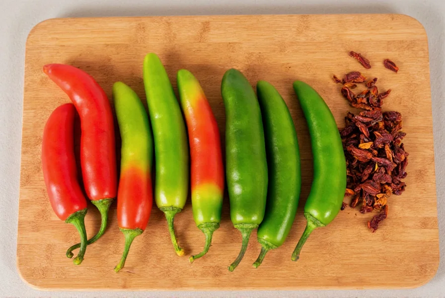 Variety of fresh peppers including red jalapeños, green serranos, and dried Thai chilies arranged on wooden cutting board