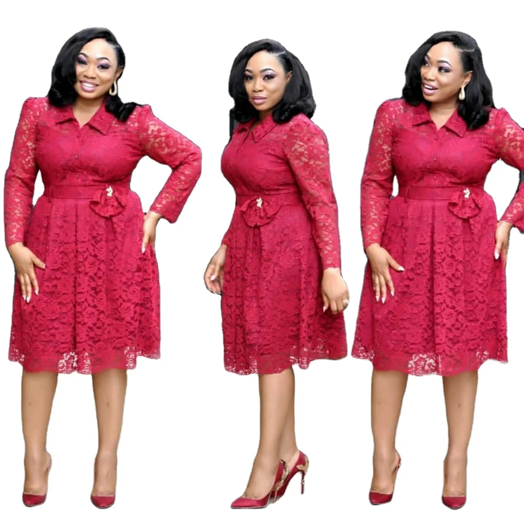 

Africa American fashion long sleeve shirt collar lace fabric flare short gown