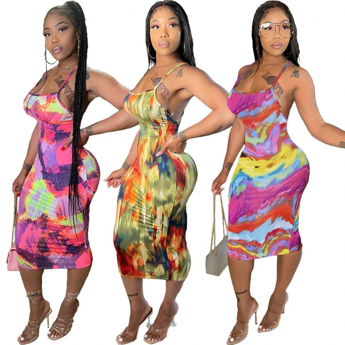 

X02906s Women Sexy Dress Summer 2021 Hot Sale Holiday Tie Dye Print Beach Long Slip Vocation Casual, Yellow/red/purple