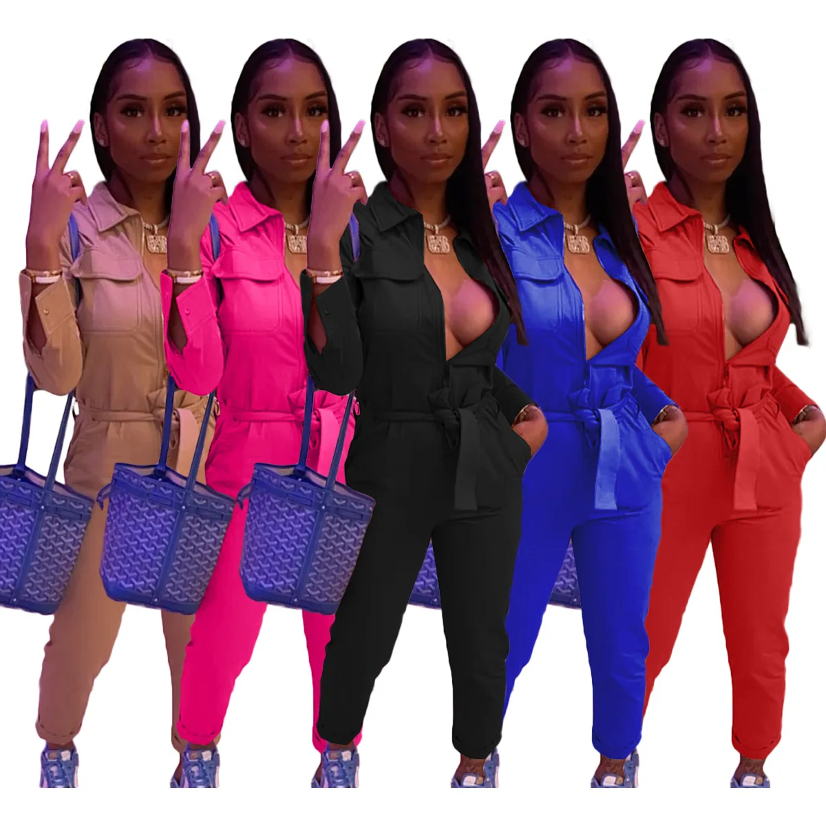 

L264 Wholesale autumn long sleeve rompers women jumpsuit fashion zipper jumpsuits for women 2021 solid color jumpsuits women