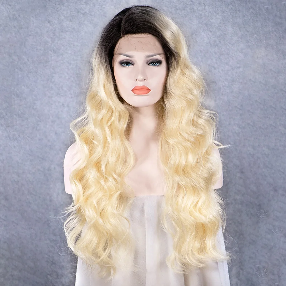 

Aliblisswig Natural Looking Dark Root Ombre Blonde Long Wavy Side Deep Part Heat Resistant Fiber Hair Synthetic Lace Wigs