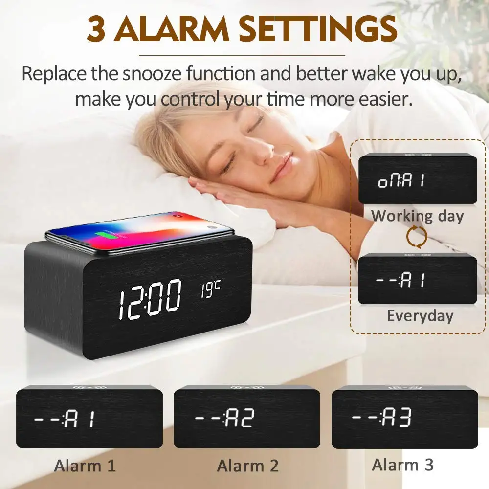 
Qi Fast Digital Led Alarm Clock Wooden Wireless Charger 