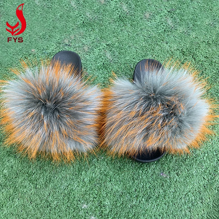 
Custom logo design women and baby real raccoon fur slippers ladies fur racoon slides 