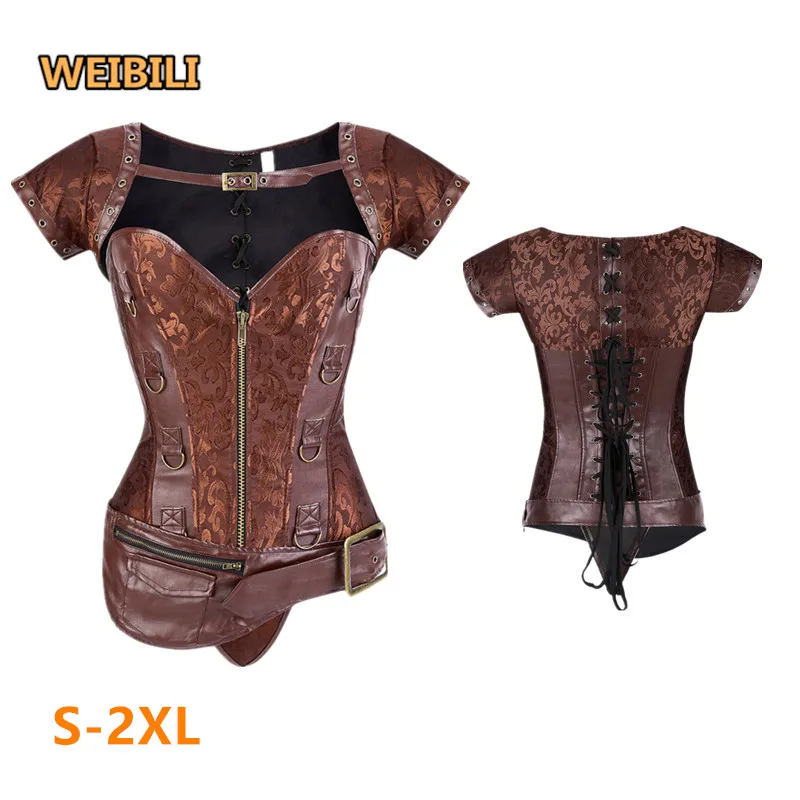 

Leather Steampunk Corset Sexy Push Up Punk Corselet Lace Up Button Bustiers Korset Front Zipper Vest Waist Trainer Tops, Brown