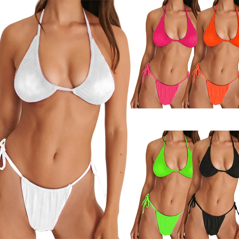 

2022 Summer New Arrivals Women Sexy Bra Set Low Waist Halter Bra Panty Brief Lace Up Womens Swimsuits Sexy Bikini, Photo color