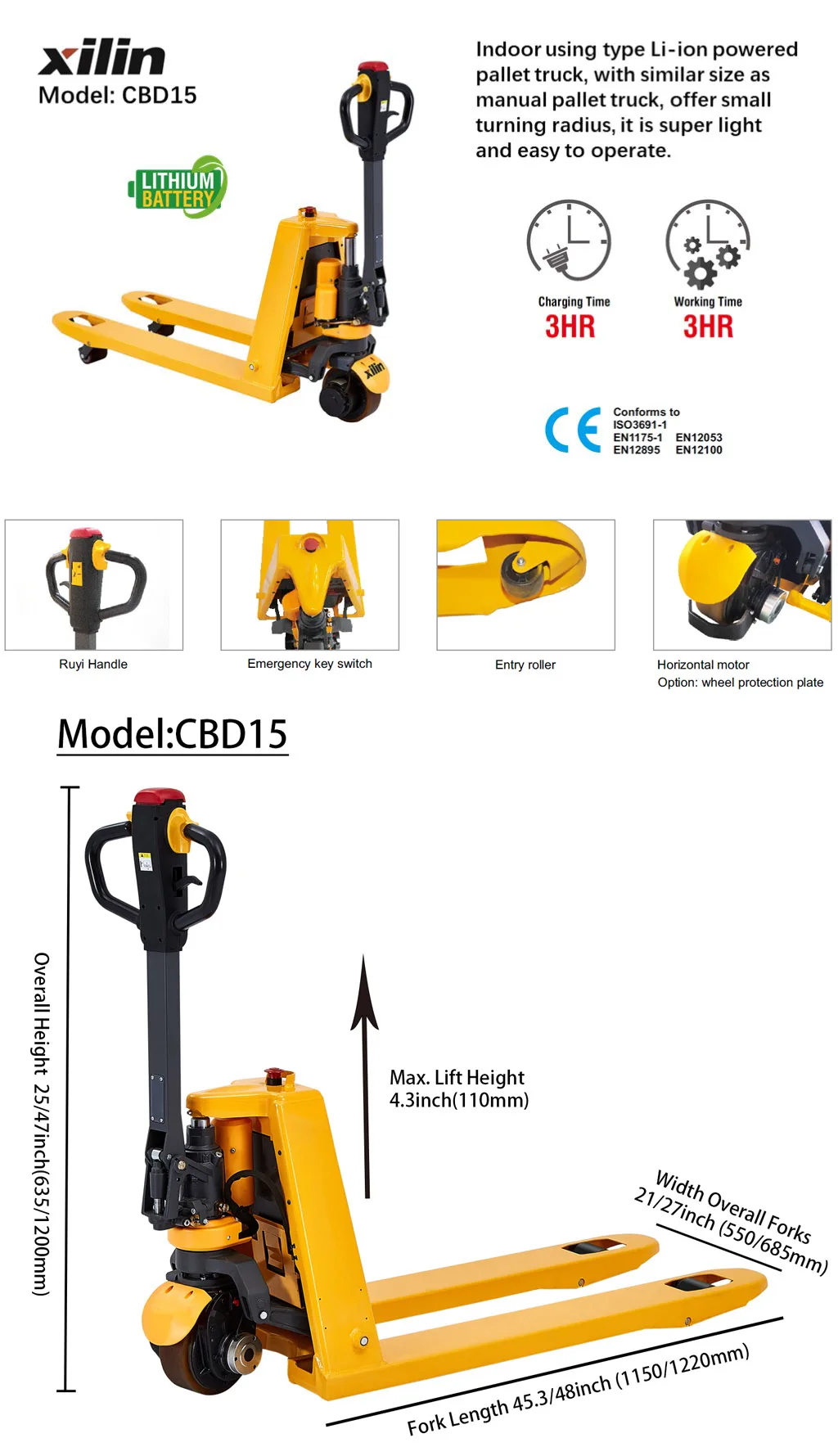 Xilin Lithium Battery 1.5t 1500kg 3300lbs Liion Powered Pallet Truck