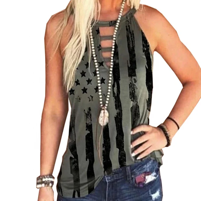 

Free Shipping Boutique Summer Women Plus Size Sleeveless Hollow Out Halter Tank Tops Women American Star Stripe Print Tank Tops, Accept customized colors