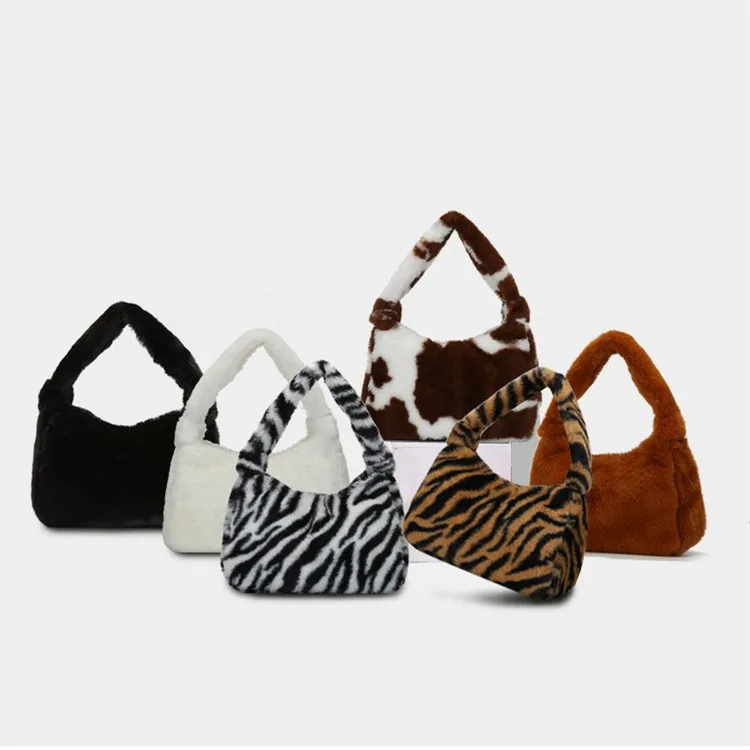 

Fashion Winter Bags For Women Cute Furry Purse Leopard Print Handbags Lady Fuzzy Cow Shoulder Hand Bags Women Fur Underarm Bags, Black