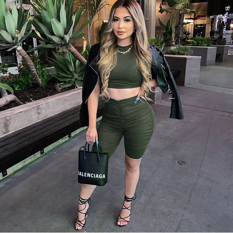 

2021 Spring Summer 2 Piece Sets Best Selling Monsoon Short Sleeve Crop T Shirt Short Pleat pants Solid Color Streetwear
