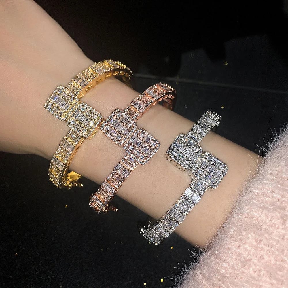 

Hot Sale 18k Gold Plated Hiphop CZ Bangle Jewelry Iced Out Square Cubic Zirconia Bracelet & bangles
