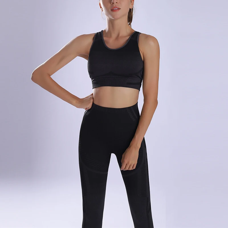 

Hot Selling 3 Colors Fitness Women's Sets Gym Sports Suit Seamless Spandex Cotton Bra Pants 2 Pcs Sportswear Women Yoga Sets