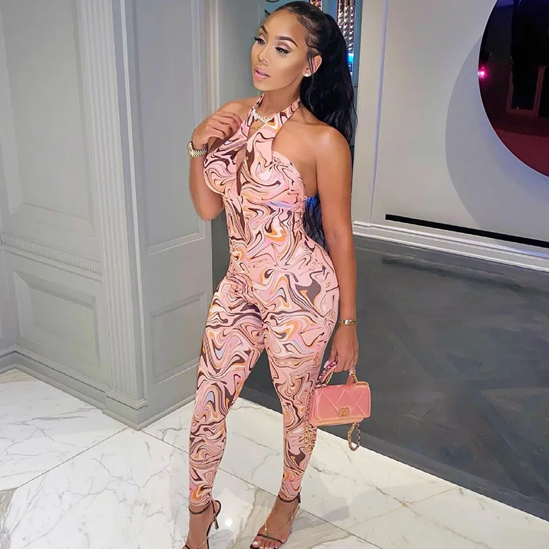 

Women's Halter Neck Hollow Out Jumpsuit Printed Skinny Sleeveless Open Back Jumpsuits, Customized color