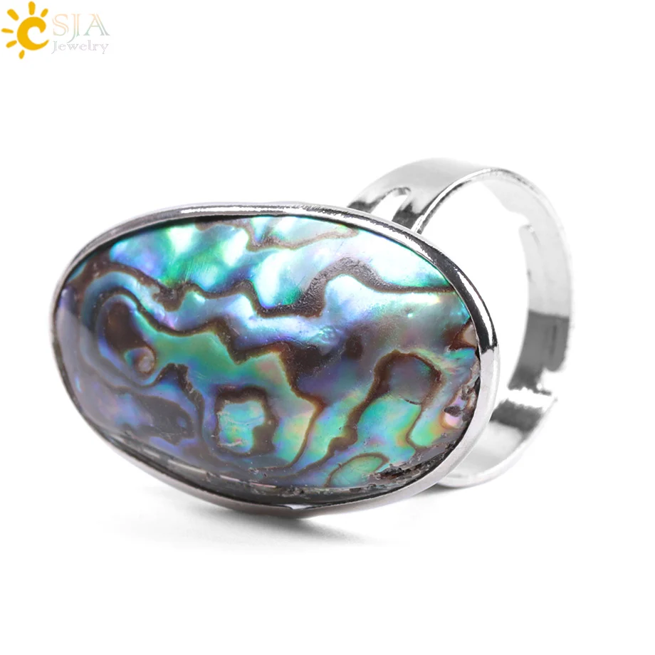 

CSJA fashion natural abalone seashell rings for men women silver color adjustable ring wholesale F054