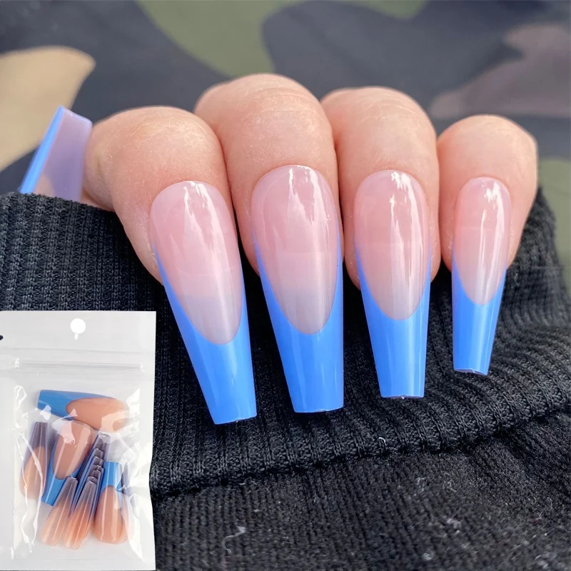 

20Pcs Set French Tip Coffin Full Cover Nail Tips Long Ballerina Detachable False Nails Wearable Designed Press On Nails, Picture